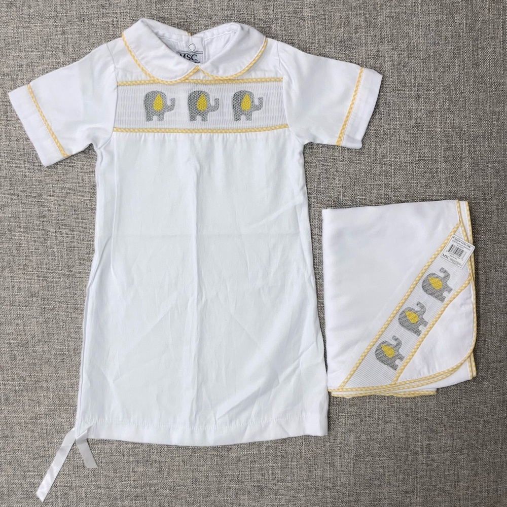Main Street Collection 0-6m machine stitched gown & matching receiving blanket